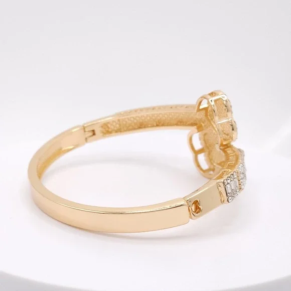 Gold Plated Double Heart Hinged Cuff Bracelet Women's CZ Bangle Romantic Jewelry - Picture 8 of 17